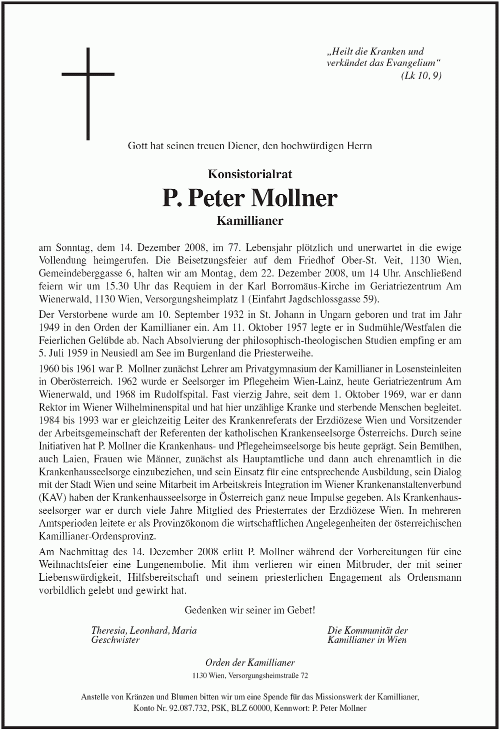 (Todesanzeige) Parte f&uuml;r Pater Peter Mollner